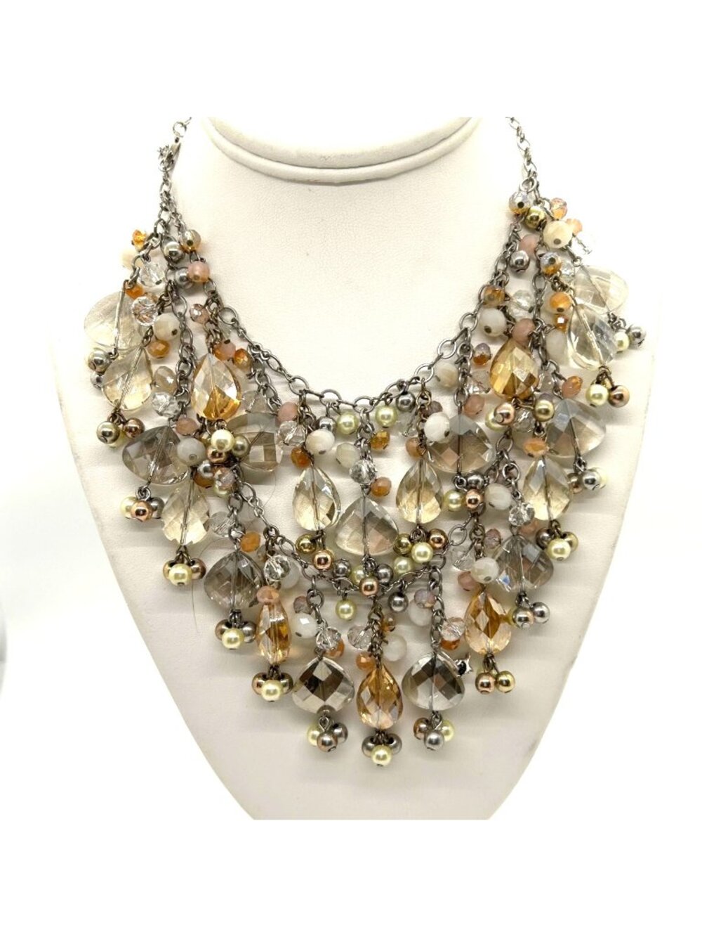 Ann Taylor Loft Bibbed Necklace Statement Glass, Faux Pearl Beads Silver-tone